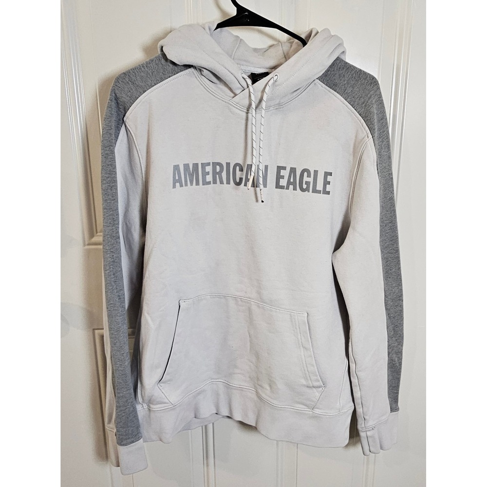 American Eagle Mens Hoodie Cream Grey Raglan Logo Pullover Sweatshirt Size M